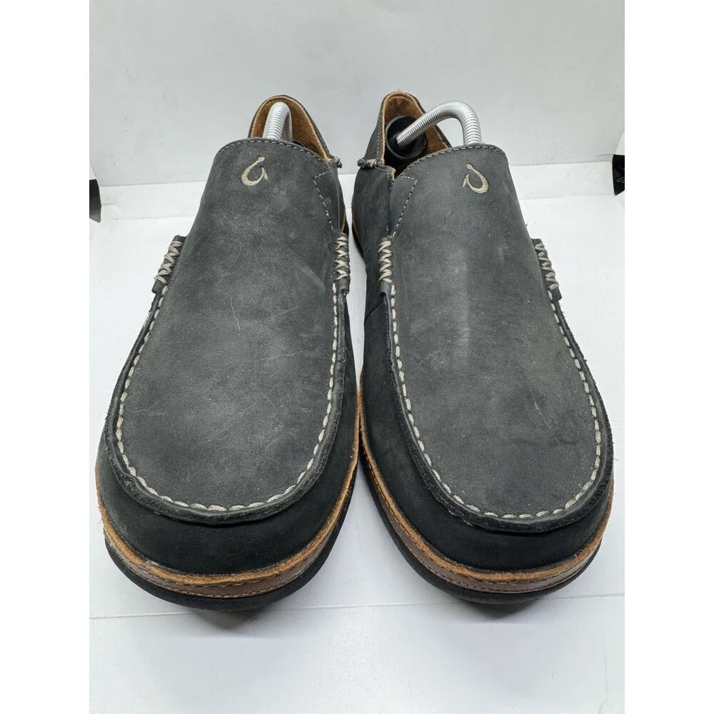 OLUKAI Moloa Leather Nubuck Mens Size 10.5 Black Slip On Shoes 10128 4033